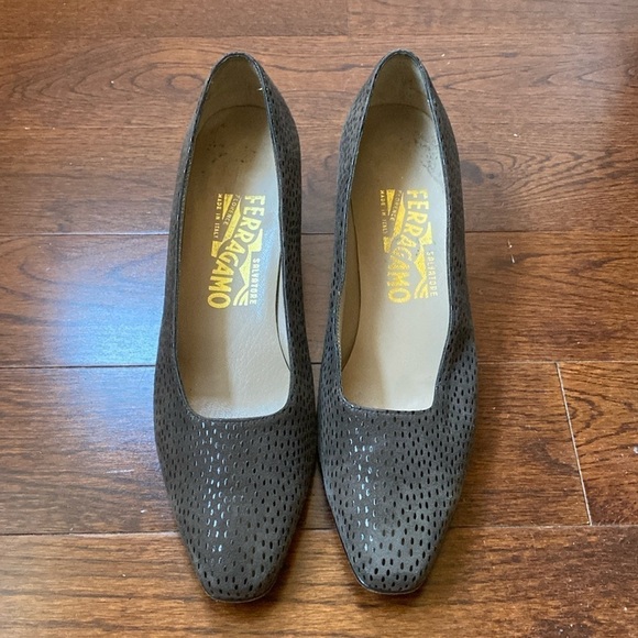 Salvatore Ferragamo Shoes - Ferragamo Size 6.5 Square Toe Pumps Green Brown with Shiny Flecks